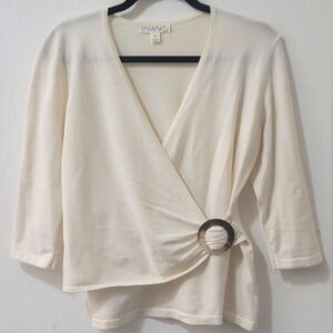 Y2K STUDIO PETITE JPR 3/4 Sleeve Wrap Sweater with Mother of Pearl Buckle